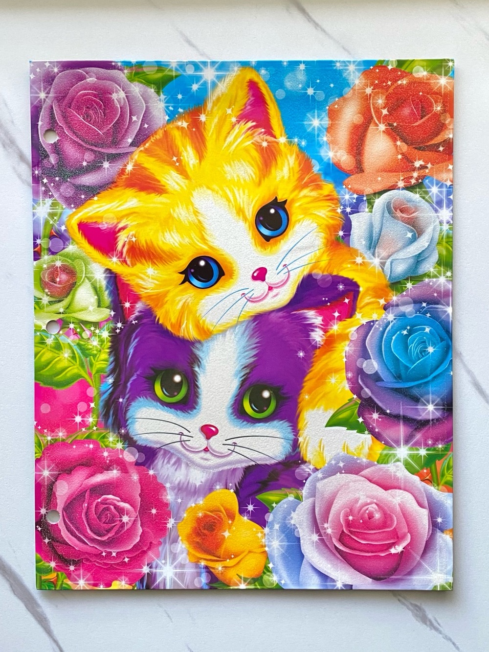 Lisa Frank kittens and roses glitter folder